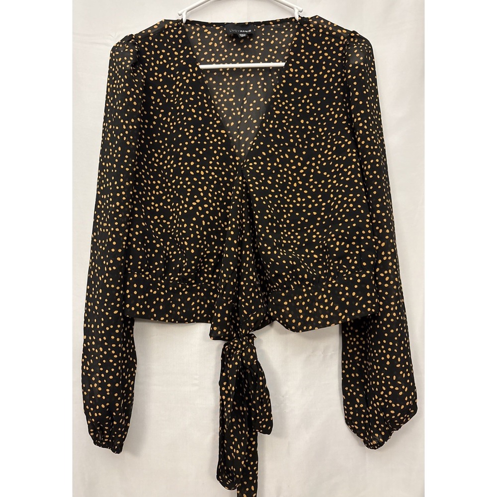 Lucy Paris Black & Gold Polka Dots Cropped Tie Front Long Sleeve Retro Boho Sz M